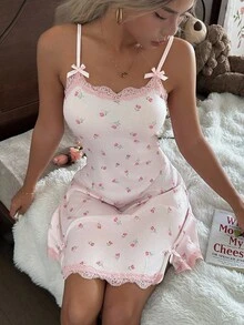 CottageSlumber 女式罗纹针织花卉蕾丝边蝴蝶结性感吊带睡衣 - 粉色 - 查看 5