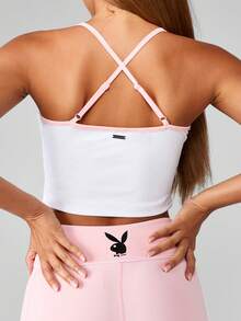 Missguided x Playboy Cropped Cami Tank Top Crossback Straps Sports Bra Athletic Performance Slim Fit High Impact Support Moisture Wicking Breathable
