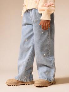 SUMWON Pantalones vaqueros de pierna ancha para niñas con detalles brillantes de estrellas, detalles de mariposa con rhinestones, ajuste relajado de talle alto para otoño e invierno - Lavado ligero - Ver 6
