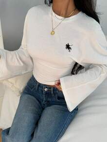 Siren Gaze Elegant Casual White Women's Autumn Fall Clothes For Women Winter Clothes Embroidered Knight Graphic Flare Sleeve Fitted Cropped T-Shirt, 2025 New Luxury Old Money Style Top For Party Commuting Business Casual Workday Outing Butter Yellow Tops Pastel Yellow Top Light Yellow Top Yellow Crop Top Women - White - View 5