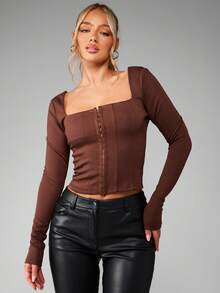 MISSGUIDED ملابس علوية قصير الأكمام بياقة مربعة على شكل سرّاويل، مزين بأزرار أمامية، مصنوع من قطع مضبوطة الحجم، طول محصور، مناسب للشكل، موضة خريف وشتاء للحفلات - قهوة بني - مشاهدة 3