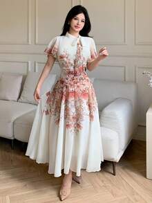 Modelyn Tie-Up Waist Ruched Floral Print Flared Dress For Women - Multicolor - View 7