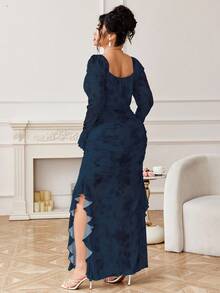 Modelyn Women's Floral Print Ruffle Hem Slit Elegant Sexy Dress - Royal Blue - View 2