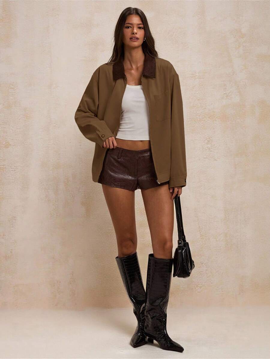 SHEIN BAE Chaqueta casual de manga larga con cremallera y bloques de color, ropa de otoño e invierno para mujeres