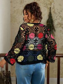 Travachic Áo len cardigan tay dài dáng rộng, buộc dây, khoét lỗ cỡ lớn - màu đen - Xem 2