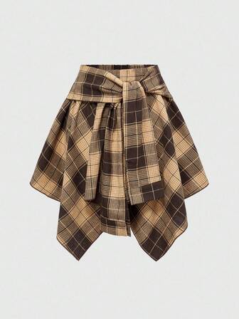 Grunge Punk Falda asimétrica con capas, estilo vintage desgastado a cuadros, con cordones, para mujeres en otoño, estilo Kpop, de vuelta al colegio