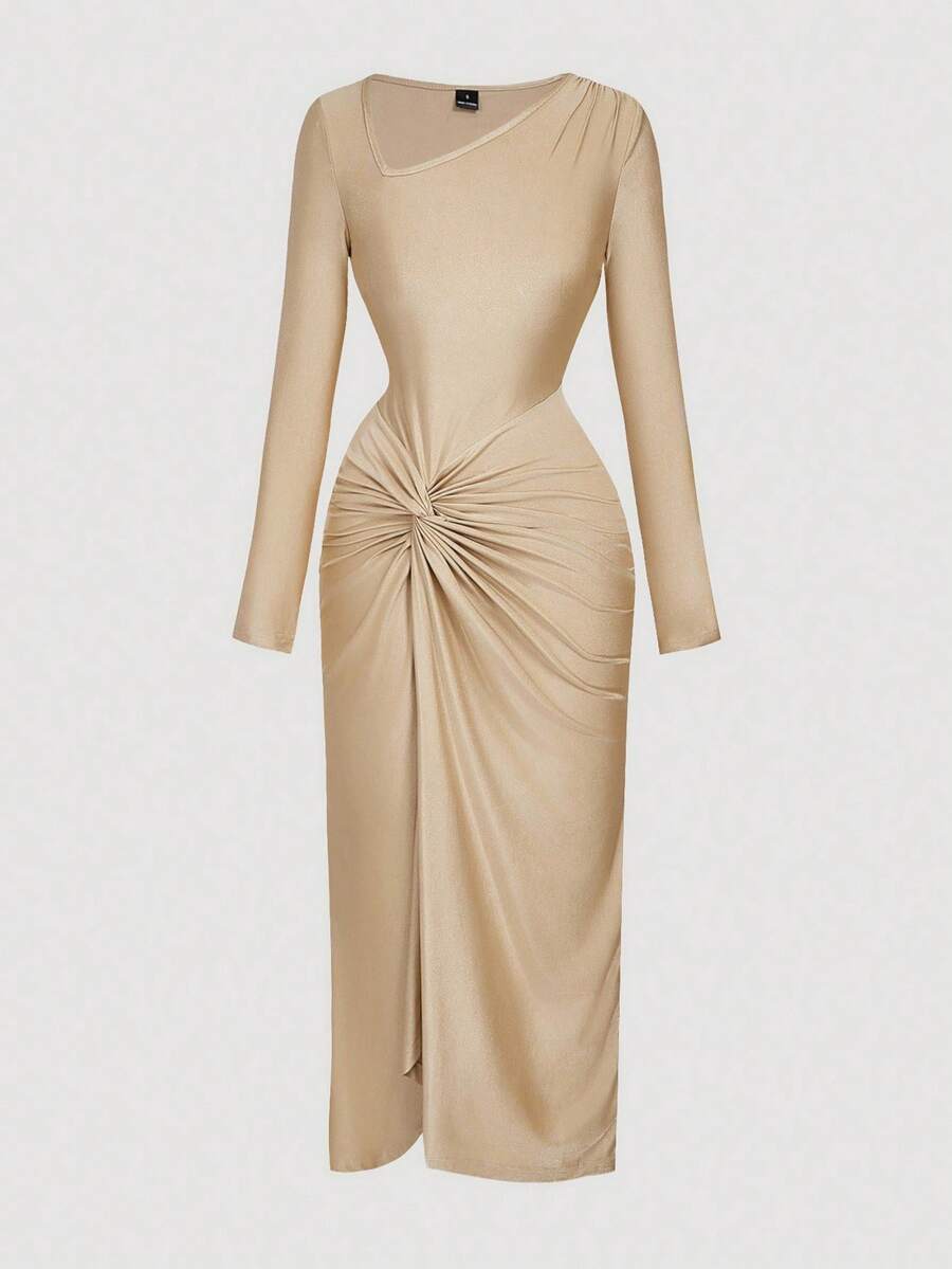 SHEIN MOD Solid Color Asymmetrical Neckline Ruched Twist Long Dress - Champagne - View 1