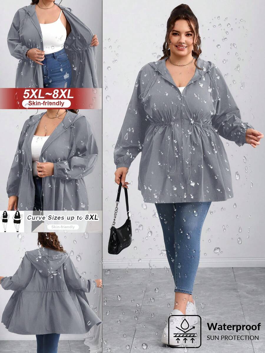 SHEIN CURVE+ Áo khoác nữ màu trơn cạp chun cỡ lớn Curves/Quần áo đi học/Quần áo trở lại trường/Áo khoác nữ màu trơn cỡ lớn, dài vừa, Thu/Đông - Màu xám đen - Xem 1