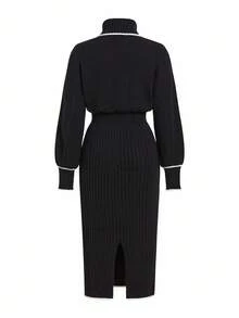 Ellevyn Turtleneck Contrast Trim Long Sleeve Waist Fitted Sweater Dress, Winter Clothes,Fall - Black and White - View 8