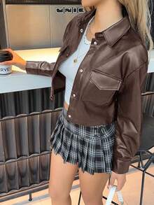 SHEIN EZwear 女款酒紅色長袖單排扣實用口袋休閒夾克，秋冬穿著，舒適保暖 - 酒紅色 - 查看 3