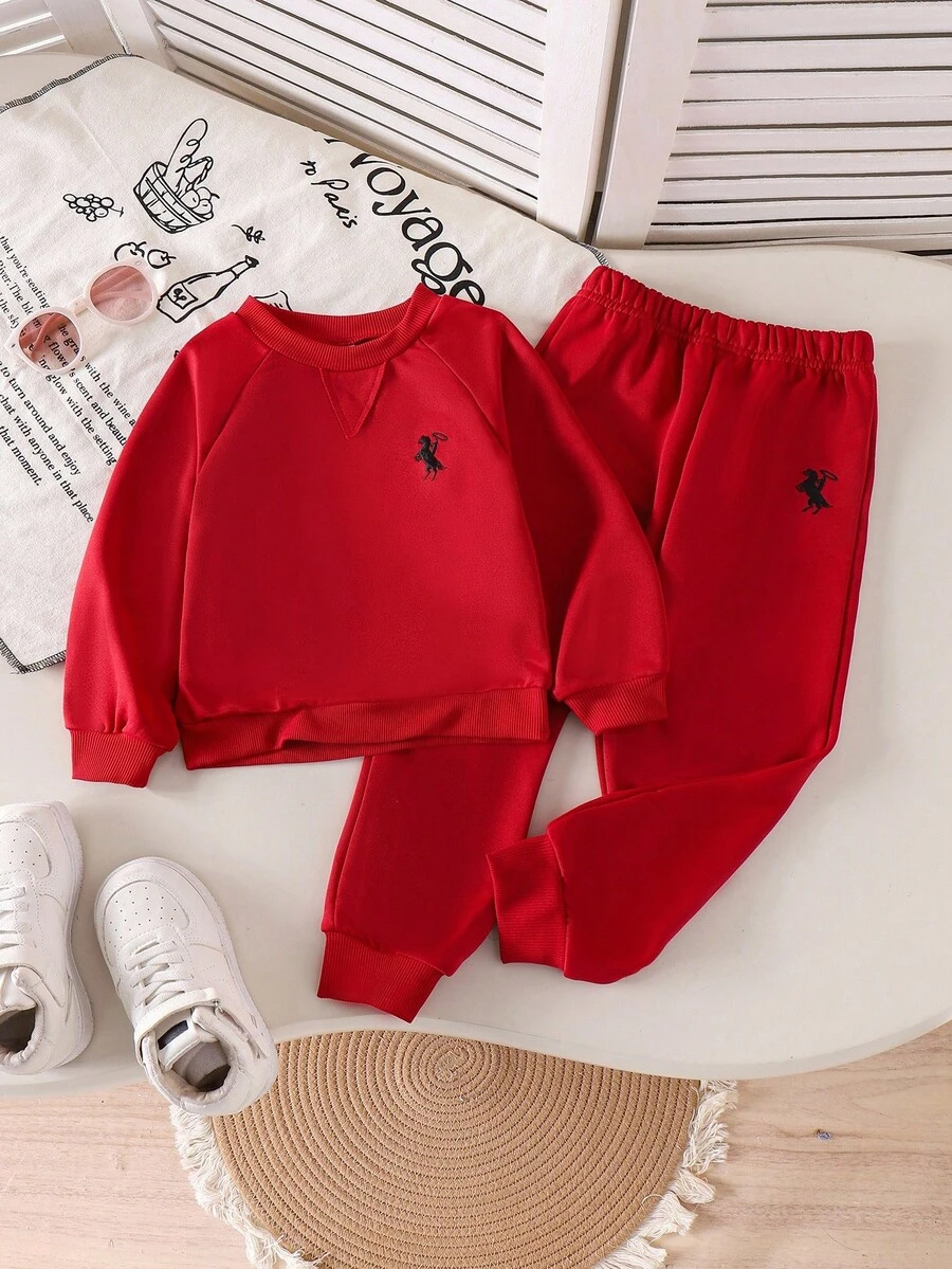 SHEIN Genkimix Kids 2 件套女童勃艮第色插肩袖纯色运动衫和针织裤套装，休闲圆领服装 - 酒紅色 - 查看 1