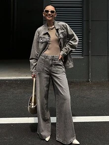 DAZY 女士宽松牛仔夹克，有领，直筒牛仔裤，休闲街头服饰套装