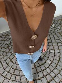 SHEIN LUNE 全新夏季法式优雅设计轻盈针织女式背心 - 咖啡棕 - 查看 5