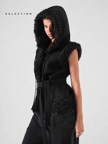 LYSMO SELECTION 2025 Nueva llegada Chaqueta de chaleco minimalista de moda para mujer de otoño/invierno con capa exterior y forro de piel sintética, diseño de cinturón en la cintura, capucha con capucha desmontable que se convierte en una solapa, diseño multifuncional, bolsillos grandes. Perfecto tanto para el transporte urbano como para atuendos casuales diarios, cálido y cómodo, que muestra un estilo premium, práctico para el uso diario.