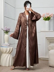 Yasmyna Elegant Tie-Front Long Sleeve Jacquard Satin Abaya Robe For Women