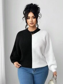 Elenzga Plus Size Women's Black And White Patchwork Batwing Sleeve Crew Neck Sweater,Autumn Elegant Smart Casual Everyday Gothic Thick Knitted Loose Pullover - Black and White - View 4