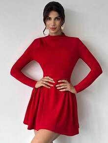 Firerie 女士优雅简约精致浪漫甜美日常通勤婚礼派对音乐节度假褶皱 A 字迷你连衣裙，女士派对礼服，长袖短裙，春秋冬装，优雅，通勤，性感，浪漫，约会，派对，婚礼季，毕业礼服，毕业舞会，表演服，音乐会，工作服，女士生日礼服，女士教师装 - 紅色 - 查看 4