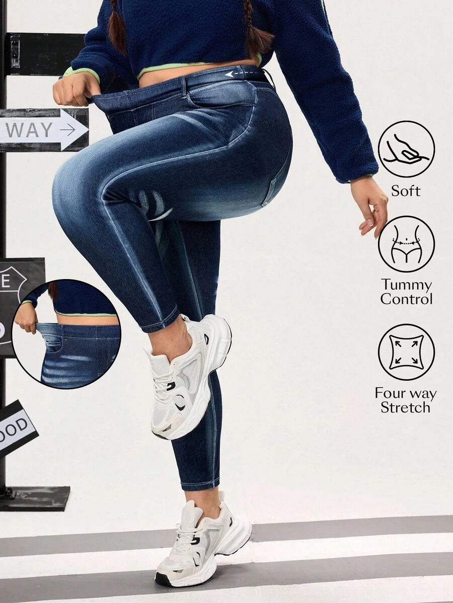 Flexra Plus Size Women's Lightweight Sporty Denim Jeans With Distressed Wash, High Stretch Skinny Fit