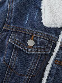 SHEIN Young Boy Casual Warm Thermal Lined Loose Fit Blue Denim Jacket Fall Winter, Fall/Winter Daily Wear, Streetwear, Halloween,Christmas,Boys New Year,Thanksgiving,Winter, Denim Jacket - Medium Wash - View 5