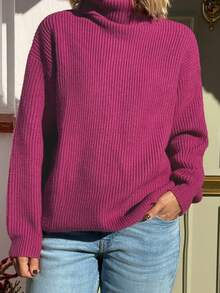 Vivie Lora Women's Loose Fit Turtleneck Solid Fuchsia Sweater - Pink - View 6