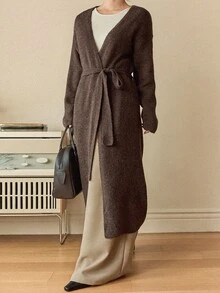 Dazy-Less Áo khoác cardigan dài dáng rộng, đơn giản, màu trơn, vai rớt, có thắt lưng dành cho nữ, thích hợp mặc hàng ngày đi làm, mùa thu/đông, phong cách công sở. - màu nâu - Xem 8