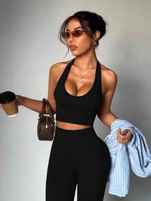 Dewbera Dewbera Women's Solid Color Cropped Halter Neck Tank Top And High Waist Leggings Sports Set - Black - View 5