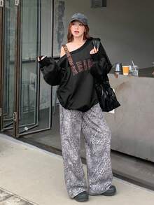 DAZY 女士豹纹单肩韩版字母休闲长袖卫衣，秋冬 - 黑色 - 查看 4