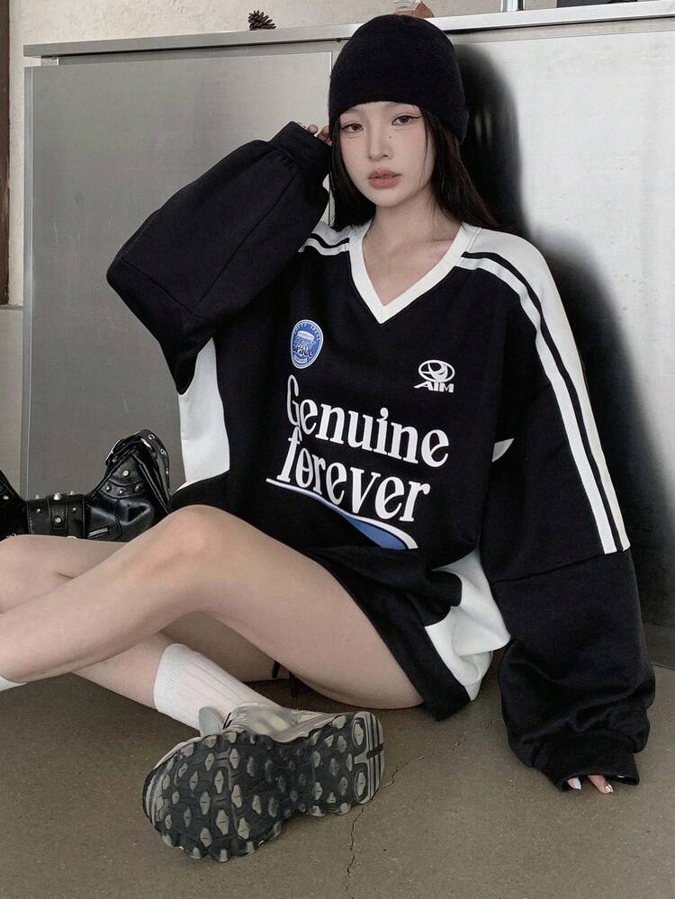 Women's V-Neck Contrast Color Patchwork Long Sleeve Printed Sweatshirt With Thermal Lined Fall,Winter