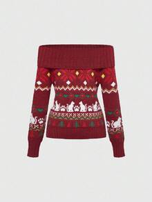 ROMWE Avant 女式圣诞费尔岛雪花图案露肩长袖毛衣和针织短裤两件套，秋冬 - 彩色 - 查看 6