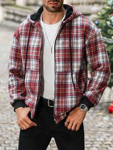 Manfinity CasualCool Men's Autumn Plaid Long Sleeve Zip Front Drawstring Hooded Jacket, Christmas - Multicolor - View 5