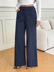 SHEIN Tall 女士休闲时尚夏季度假条纹印花口袋宽松裤，适合日常穿着 - 藏蓝色 - 查看 8