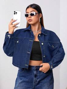 Firerie Plus Size Casual Cropped Denim Jacket, Autumn - Dark Wash - View 1