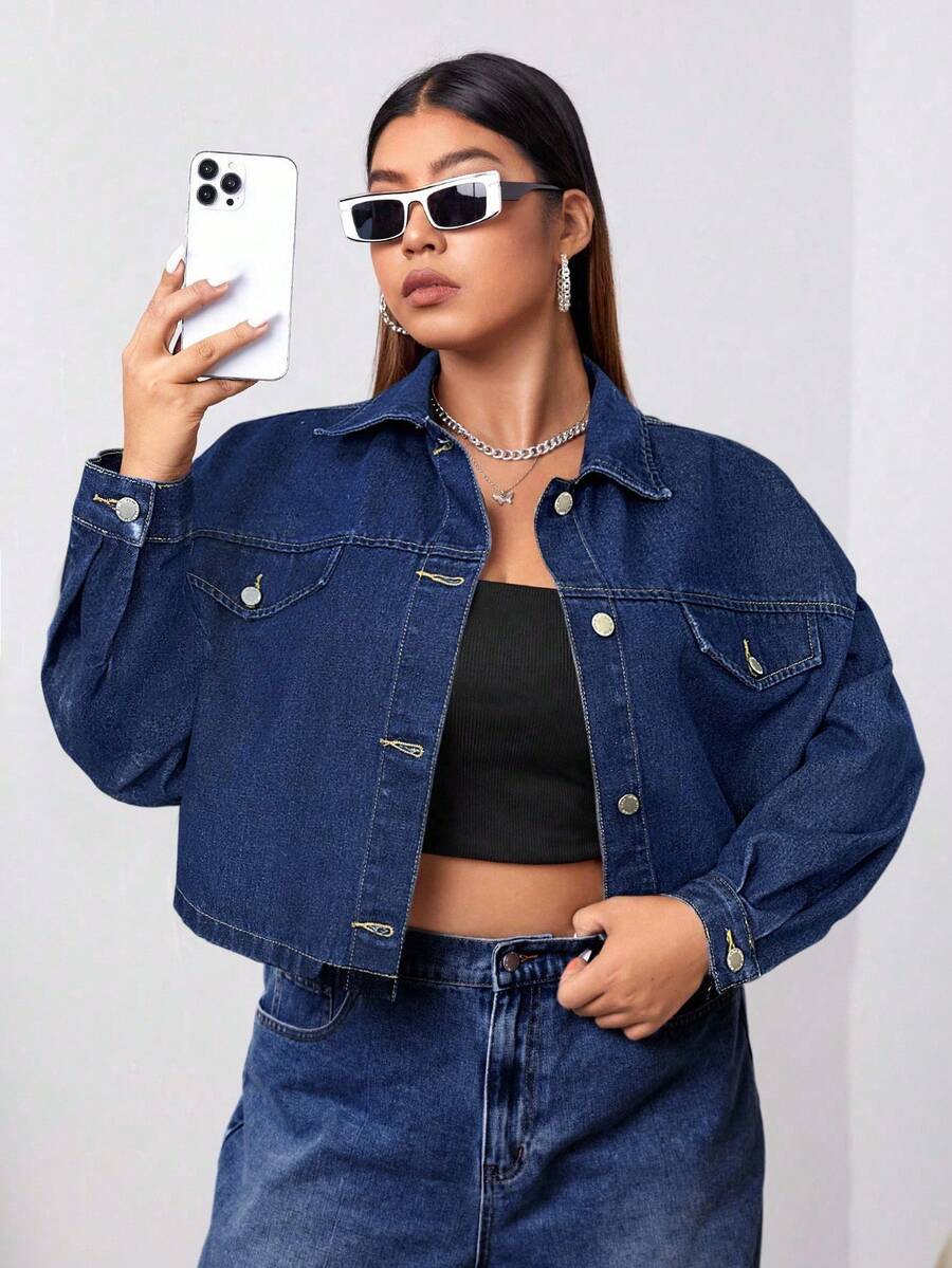 Firerie Plus Size Casual Cropped Denim Jacket, Autumn - Dark Wash - View 1