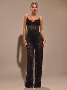 SHEIN BAE 黑色透明蕾丝无袖连体裤，优雅的日常外出装，约会，派对，不对称阔腿连体裤，适合春夏季 - 黑色 - 查看 5