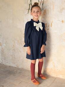 SHEIN Tween Girl Loose Casual Comfortable Ruffle Collar Long Sleeve Contrast Bow Decor Dress - Blue - View 4