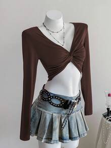 SHEIN Unity Áo thun nữ tay dài ngắn đơn giản màu trơn phong cách tối giản - màu nâu - Xem 3