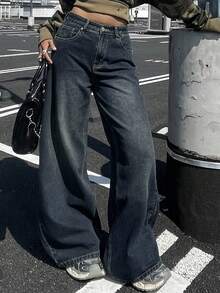 Livesso 女士宽松休闲破洞牛仔裤，夏季新品 - 深色水洗藍 - 查看 5