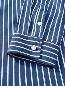 Manfinity Mode 男士藏蓝色条纹长袖涤纶衬衫，商务休闲衬衫，秋季款 - 藏蓝色 - 查看 6