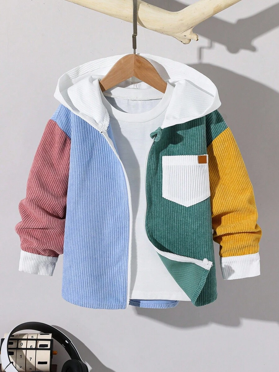 SHEIN Kids Boy Casual Street Style Corduroy Fabric Color Block Lapel Long Sleeve Button-Up Shirt, Suitable For School, Garden, Beach, Birthday, All Seasons - Multicolor - View 1