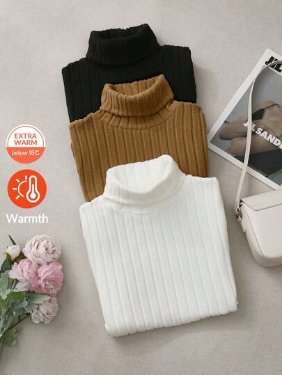 SHEIN LUNE 3 pièces/set T-shirts à col roulé à manches longues et coupe ajustée pour femmes, noir, kaki, blanc, en tricot côtelé. Style polyvalent convenant pour le quotidien, les déplacements et le bureau. Automne/Hiver