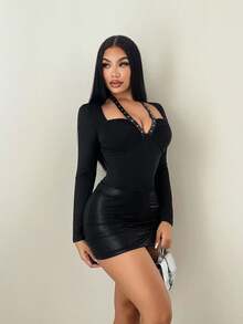 Sirith Women's Autumn/Winter Studded Knit Ruched Long Sleeve Bodysuit - Black - View 3