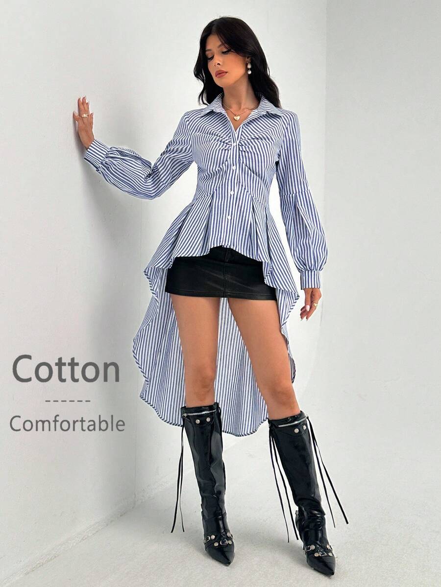 Rafferiza 女式棉混纺条纹腰部收紧前短后长灯笼袖衬衫 - 藍白色 - 查看 1