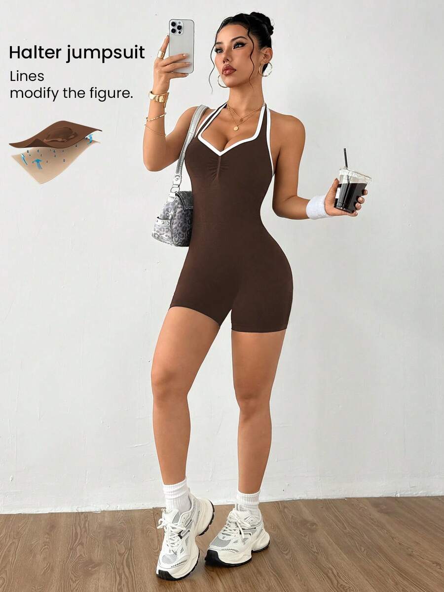 Dewbera Women's Backless Halter Neck Seamless Romper Yoga Romper Tummy Control Romper Fitness Romper Sporty Romper - Coffee Brown - View 1