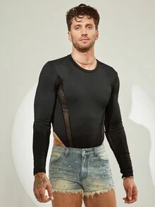 FeverCity Herren eng anliegender langärmeliger Mesh-Patchwork-Bodysuit, Herbst