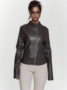 MUSERA High Neck Asymmetric Zip Down Faux Leather Fitted Jacket Sexy Going Out Night Out Winter Cute Streetwear Feraux Spring - Dark Grey - View 2