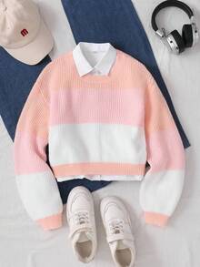 كنزة صوفية كنزة طويلة الأكمام بألوان متباينة للفتيات المراهقات، قياس فضفاض، مناسبة للربيع والخريف والشتاء، يمكن ارتداؤها مع معطف مبطن في فصل الشتاء وأعياد الميلاد وعيد الهالوين، كارديجان شتوي للأطفال الصغار، سترات وكنزات خريفية - متعدد الألوان - مشاهدة 6