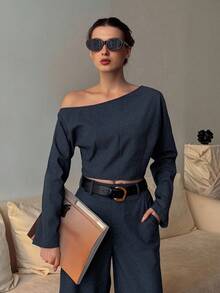 DAZY Women's Asymmetric-Shoulder Loose Cropped Denim 2 Pieces Set - Dark Wash - View 3