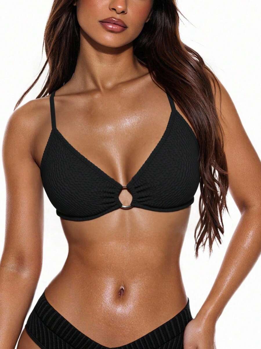 Swim Basics 夏季海滩环扣式吊带比基尼上衣黑色比基尼上衣黑色胸罩内置胸罩上衣女士胸罩女士胸罩 - 黑色 - 查看 1