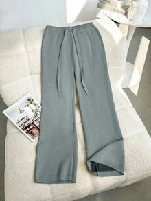 Franclia 全新女式高腰抽绳休闲直筒裤，保暖内衬厚针织长裤 - 深灰色 - 查看 2