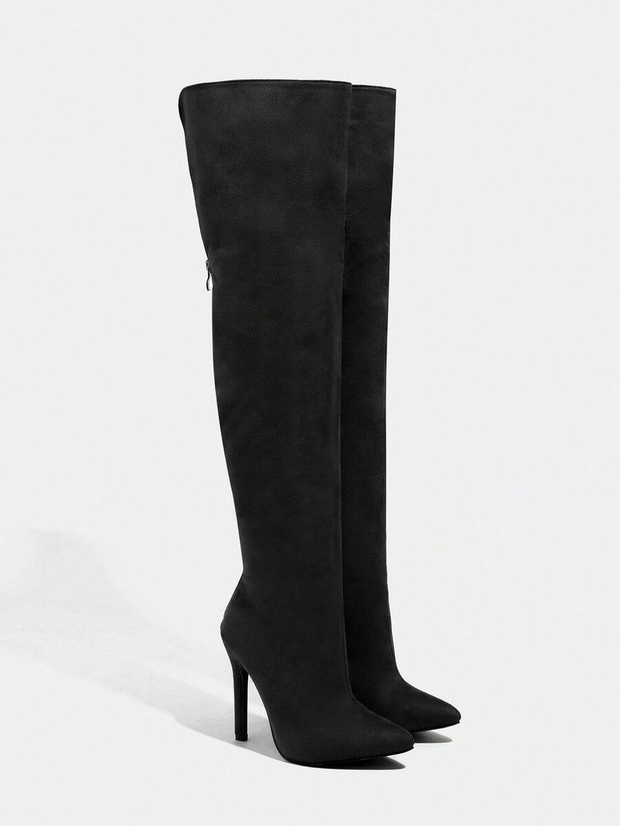 Daringsoles Women's Black Suede Pointed Toe Over-The-Knee Pleated Side Zipper Sexy Boots, Party Thigh High Boots, Autumn/Winter - Black - View 1